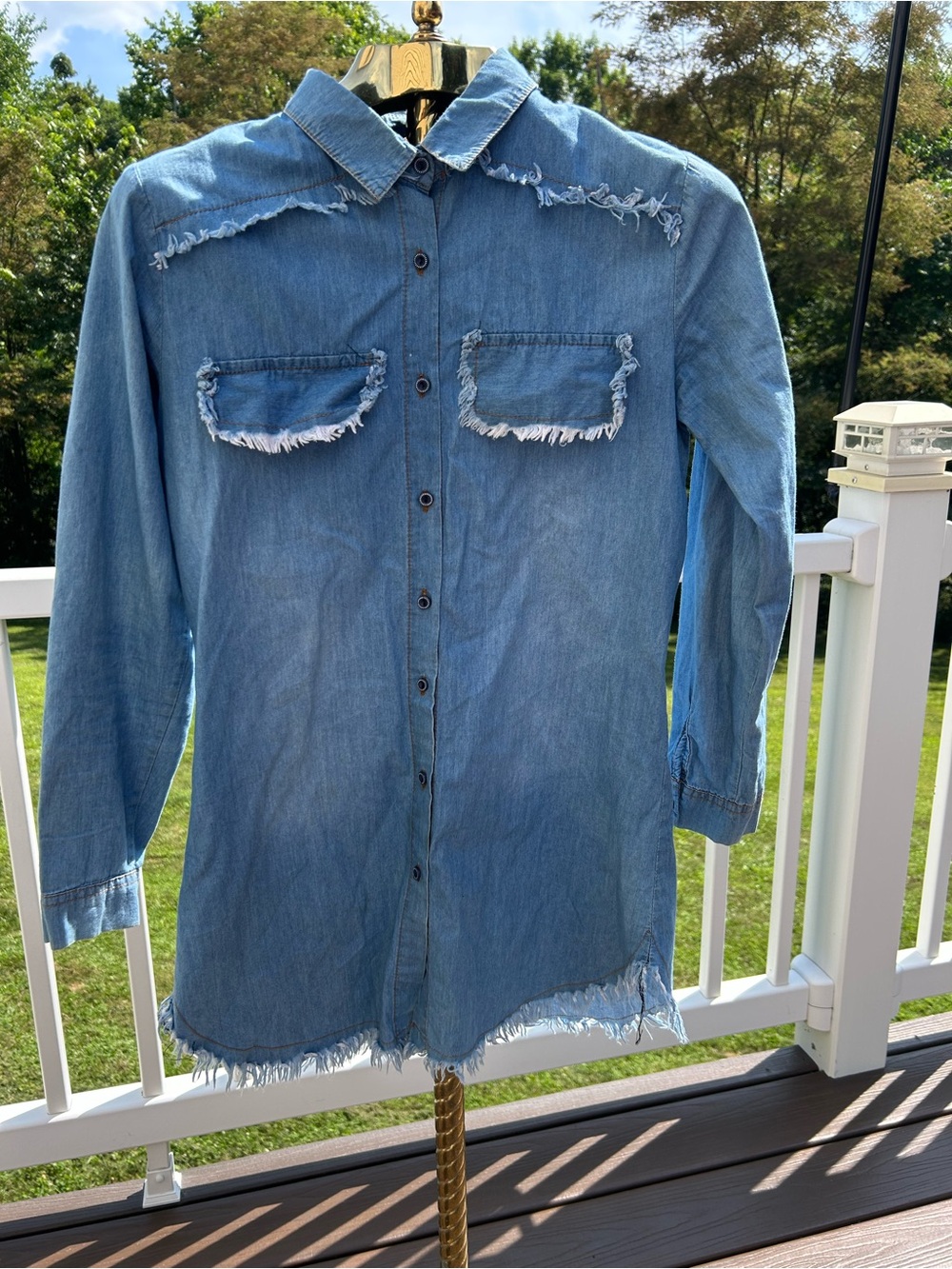 Sara Light Blue Denim Shirt Dress with Frayed Trim